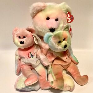 Ty Beanie Buddy Peace Bear & 2 Peace Beanie Babies - New